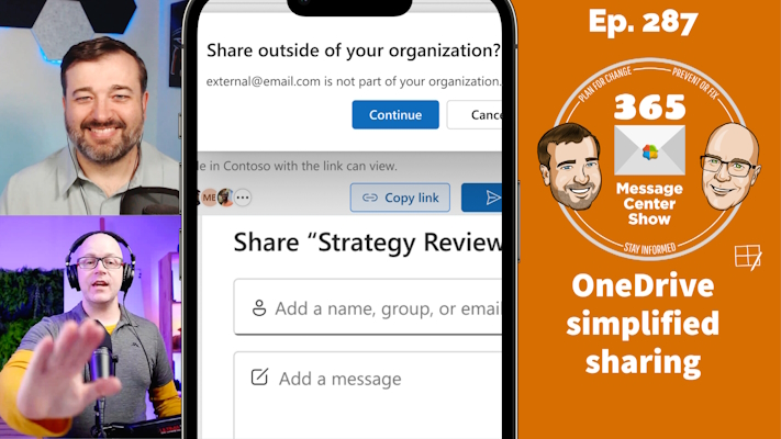 OneDrive simplified sharing, Connections news notifications, Teams work hours and location #287
